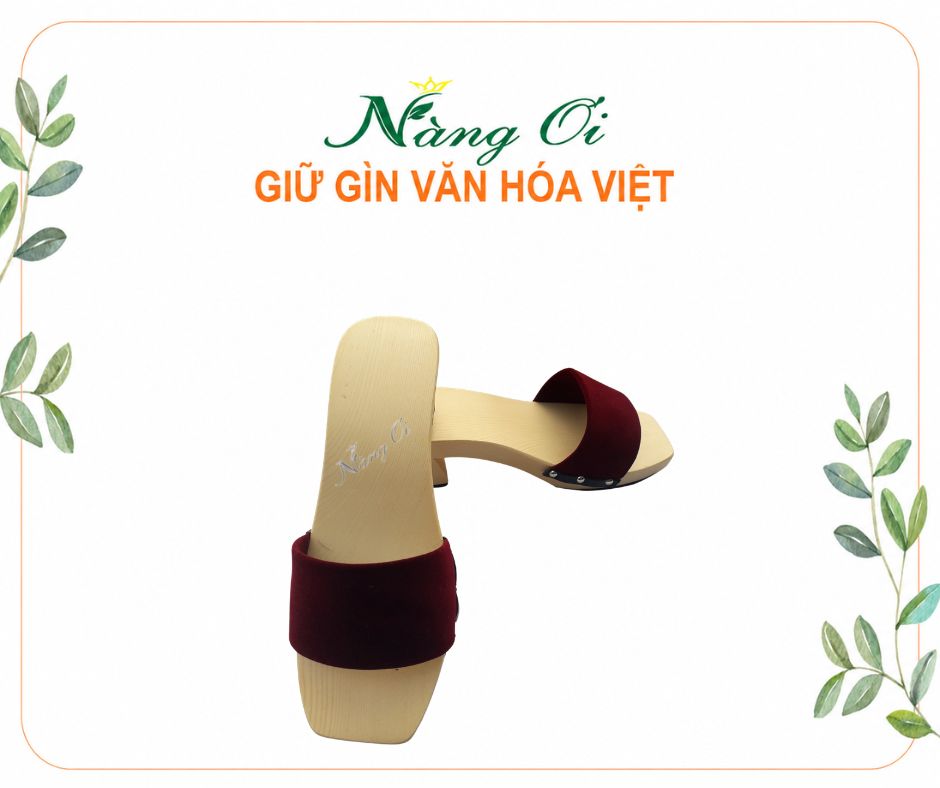 guốc gỗ cao 5cm quai nhung màu đỏ đô sáng chân